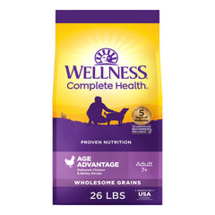 Wellness Complete Health Age Advantage senior dry dog food bag promotes easy daily feeding.
