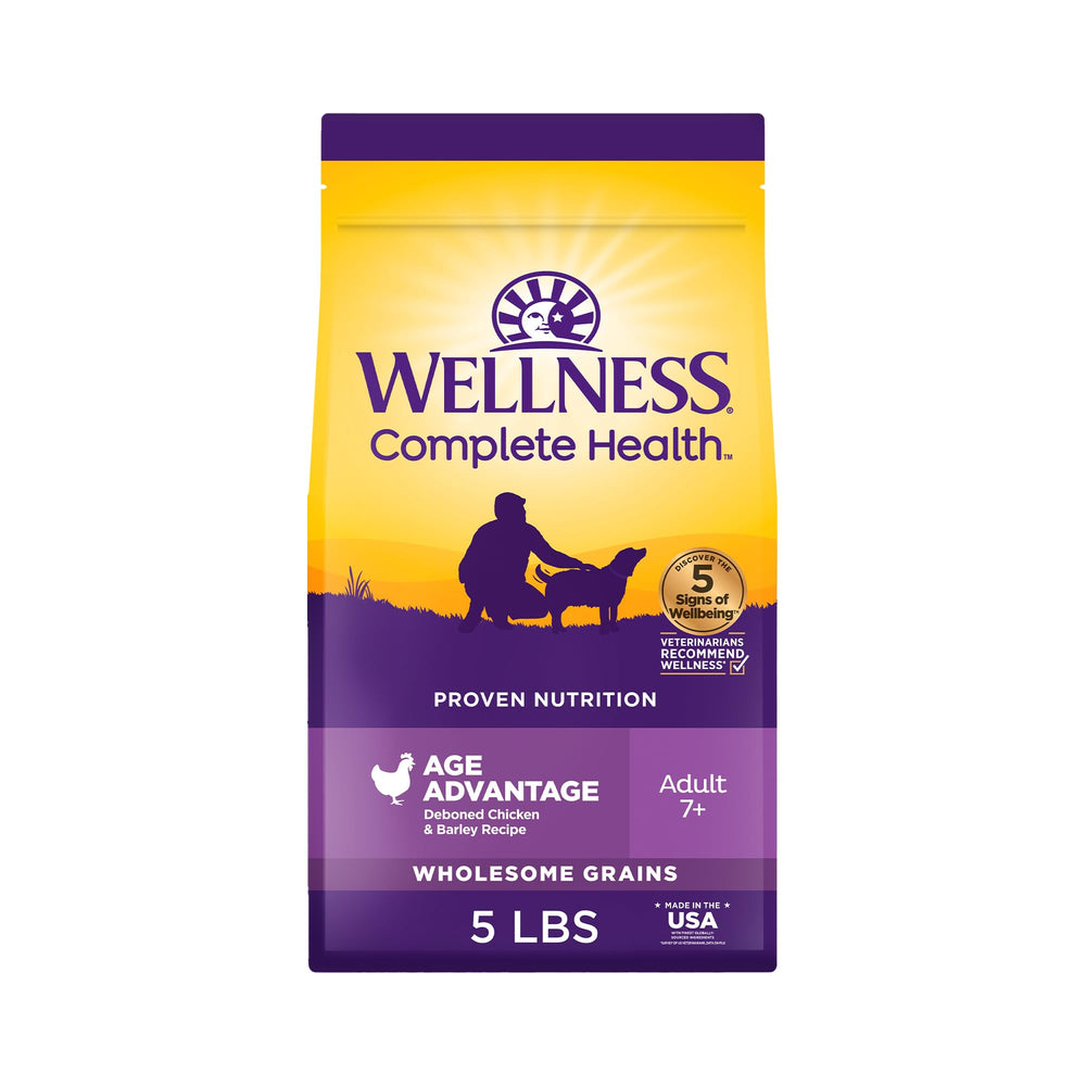 Wellness Complete Health Age Advantage senior dog food bowl serving showing savory kibble for daily energy