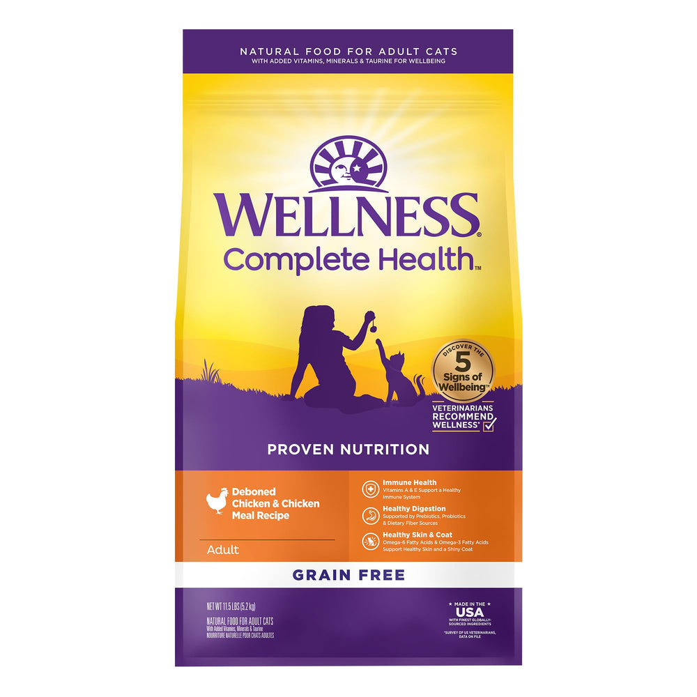 Wellness Complete Health cat food bag front showing grain-free chicken recipe for daily meals.