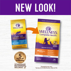 Wellness Complete Health kibble close-up showing grain-free bites designed for daily energy and coat health.