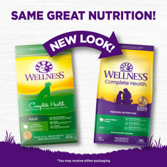 Wellness Complete Health packaging highlights lamb and barley ingredients for dog meals.