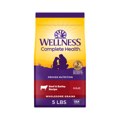 Wellness Complete Health beef and barley bag front, everyday nourishment for dogs.