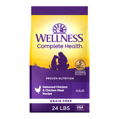 Wellness Complete Health bag front shows grain-free chicken recipe for adult dogs.
