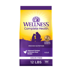 Wellness Complete Health dry dog food chicken recipe in bag for adult dogs' balanced nutrition.