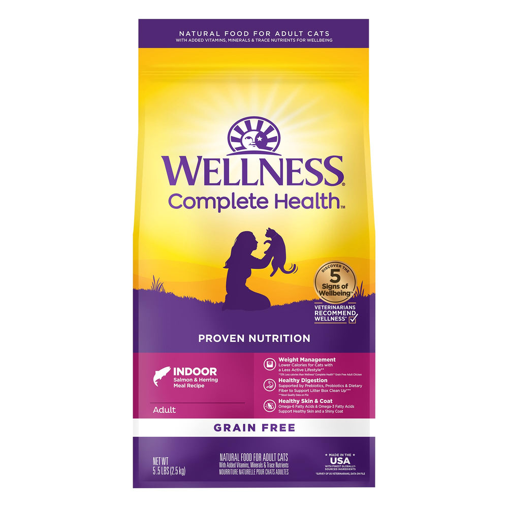Wellness Complete Health Indoor Cat Food bag shows grain-free salmon and herring nutrition.