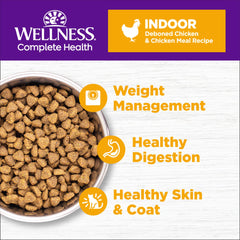 Wellness Complete Health Indoor Chicken Kibble Closeup highlights grain-free protein for activity