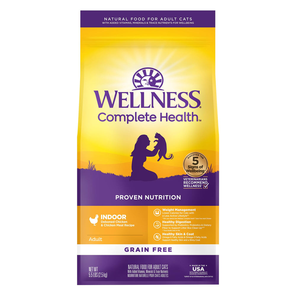 Wellness Complete Health indoor chicken kibble bowl showing grain-free nutrition for indoor cats