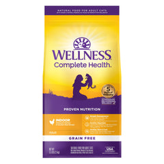 Wellness Complete Health indoor chicken kibble bowl showing grain-free nutrition for indoor cats