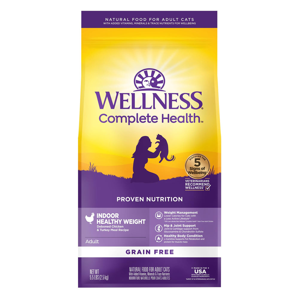 Wellness Complete Health indoor weight cat food bag showing grain-free formula