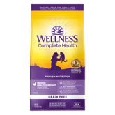 Wellness Complete Health indoor weight cat food bag showing grain-free formula
