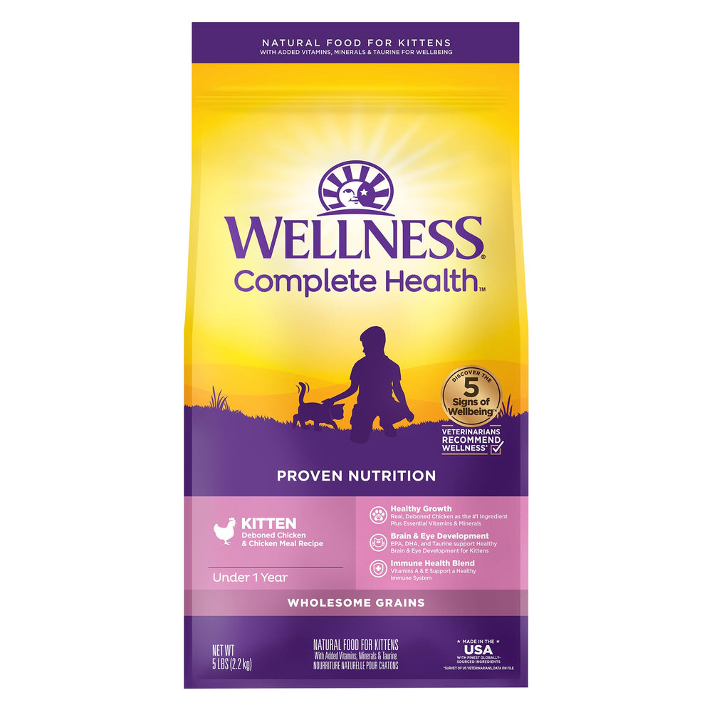 Wellness Complete Health kitten dry food close-up of kibble highlights high-quality protein