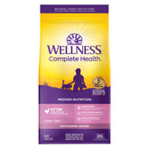 Wellness Complete Health kitten dry food close-up of kibble highlights high-quality protein