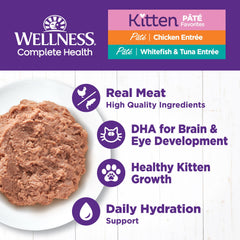 Wellness Complete Health kitten whitefish-tuna pate supports hydration and flavor.