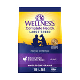 Wellness Complete Health large-breed dry dog food bag showing premium kibble for balanced nutrition