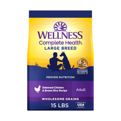 Wellness Complete Health large-breed dry dog food bag showing premium kibble for balanced nutrition