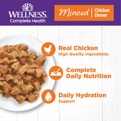 Wellness Complete Health minced chicken chunks close-up, high-protein texture for healthy appetite.