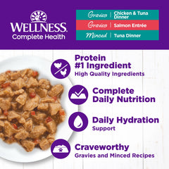Wellness Complete Health minced-tuna bowl, savory chunks ideal for adult cat meals