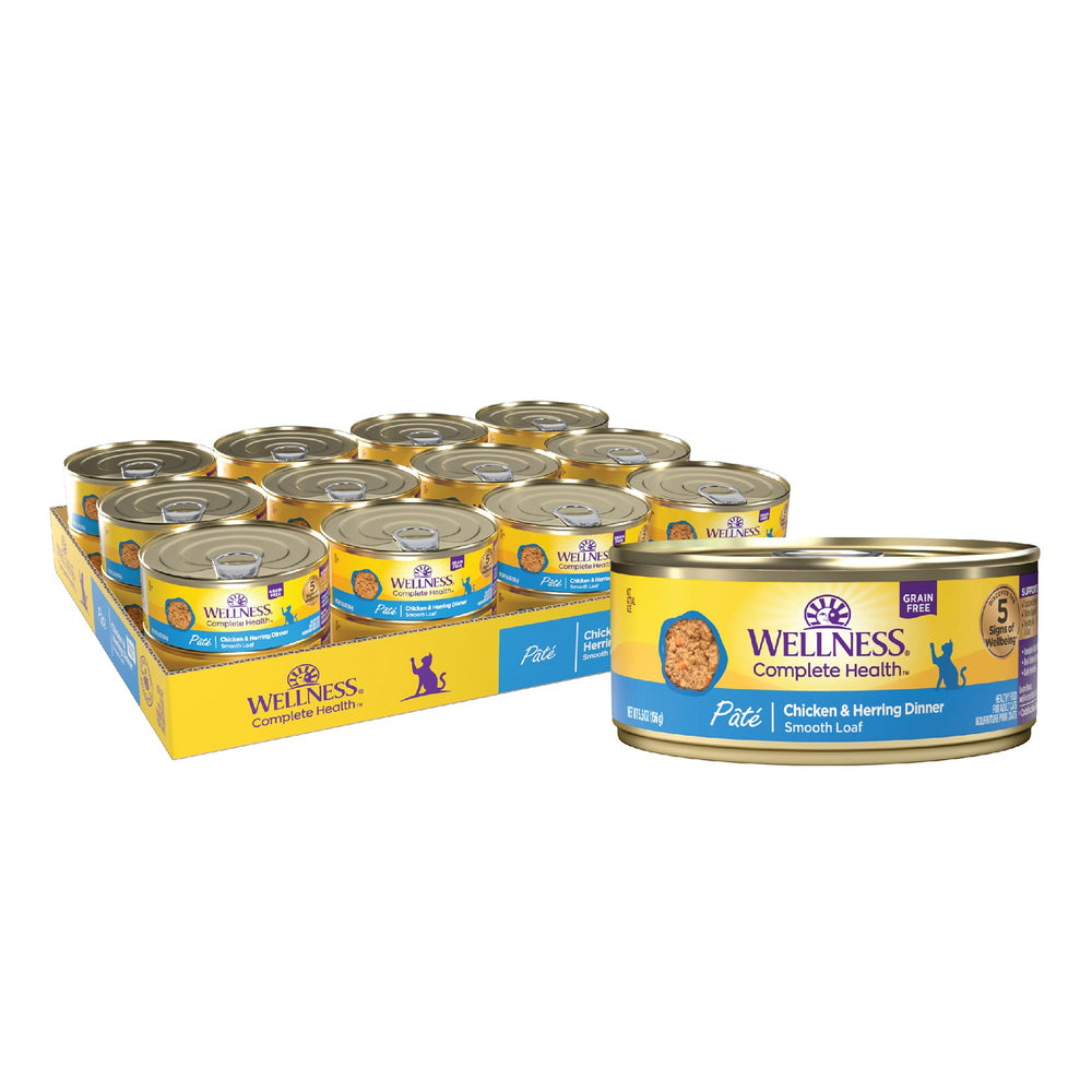 Wellness Complete Health Pate cat food can, grain-free nutrition for balanced meals.