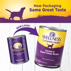 Wellness Complete Health Pate chicken and sweet potato label on can.