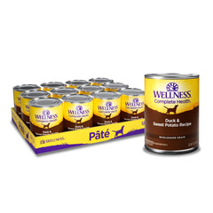 Wellness Complete Health Pate can showing duck and sweet potato for balanced nutrition.