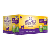 Wellness Complete Health Pate variety pack six cans displayed for dog meals