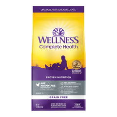 Wellness Complete Health Senior Dry Cat Food bag showcases grain-free recipe with real chicken as the first ingredient
