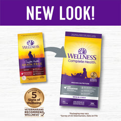 Close-up of Wellness senior kibble shows meaty texture and grain-free ingredients