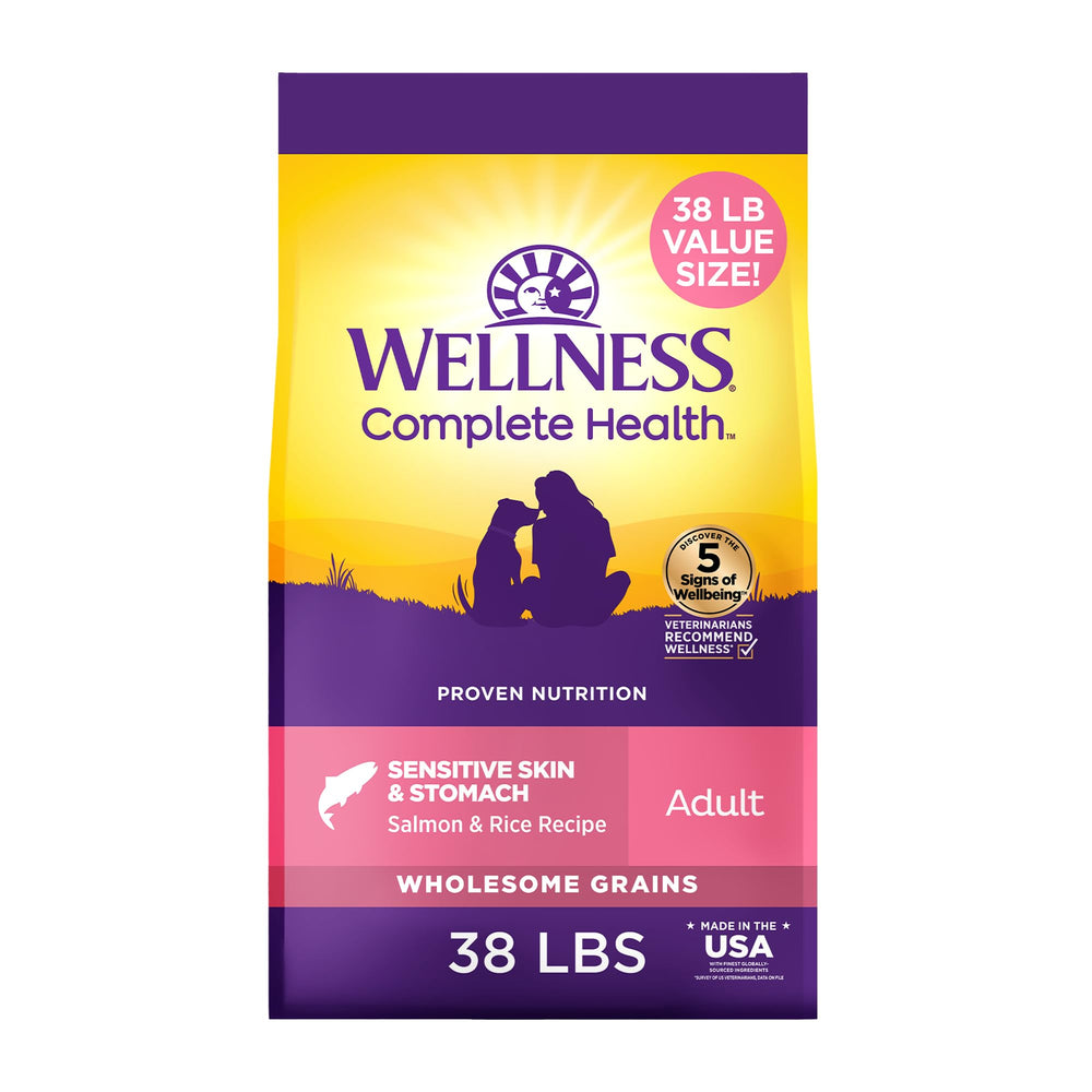 Wellness Complete Health dog food bag front shows salmon and rice recipe for sensitive skin