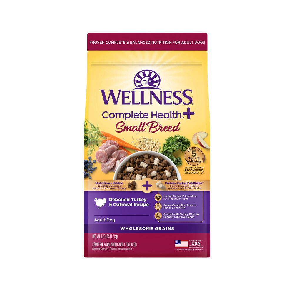 Wellness Complete Health+ small-breed dry dog food bag showing turkey-first formula