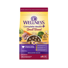 Wellness Complete Health+ small-breed dry dog food bag showing turkey-first formula
