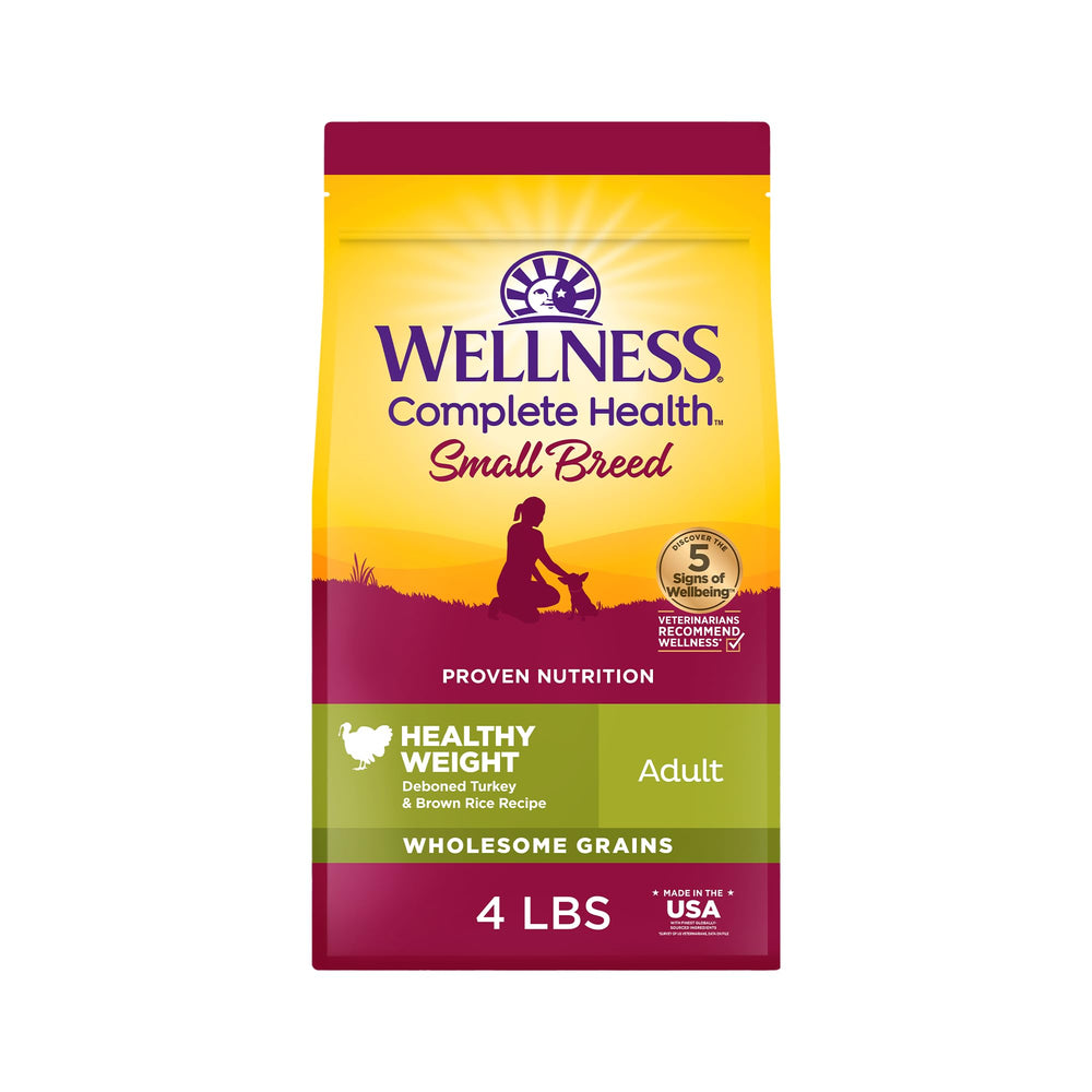 Wellness Complete Health small-breed turkey-brown-rice kibble ready to serve, balanced nutrition.