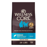 Wellness Core Adult dry dog food bag featuring whitefish and salmon for a healthy coat