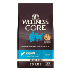 Wellness Core Adult dry dog food bag featuring whitefish and salmon for a healthy coat