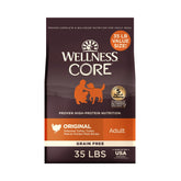 Wellness CORE adult dry dog food bag front shows grain-free turkey and chicken formula for energy