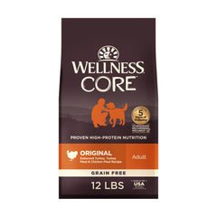 Wellness CORE adult dry dog food bag showing grain-free nutrition for adult dogs