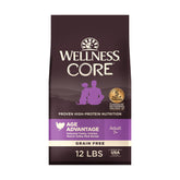 Wellness CORE Age Advantage senior dry dog food bag front highlighting premium turkey and chicken protein for seniors