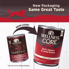 Wellness CORE beef-venison-lamb pate close-up shows real meat texture appealing to picky eaters