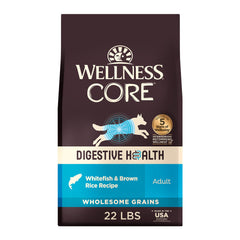 Wellness CORE digestive health dog food bag with probiotic-coated formula for gut support.