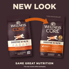 Wellness CORE Digestive Health bag back showing feeding guidelines and benefits for gut support