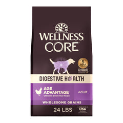 Wellness CORE Digestive Health senior dog food bag showcasing premium ingredients for digestive support.