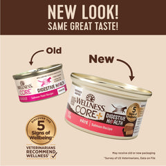 Wellness CORE+ Digestive Health Salmon Pate close-up highlights savory aroma and silky pate.