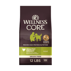 Wellness CORE Healthy Weight bag front showing grain-free, high-protein formula for adult dogs