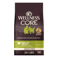 Wellness CORE Healthy Weight bag front view highlighting grain-free formula and high protein