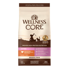 Wellness CORE kitten dry cat food bag close-up, high-protein nutrition supports growth.