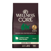 Wellness CORE Lamb Recipe bag displaying grain-free adult dog food for lean muscle