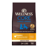 Wellness CORE Large Breed Puppy Food bag showing grain-free formula for healthy growth.