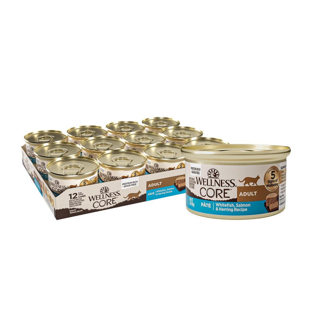 Wellness Core pate cans on shelf showing a convenient 12-pack for cat meals.