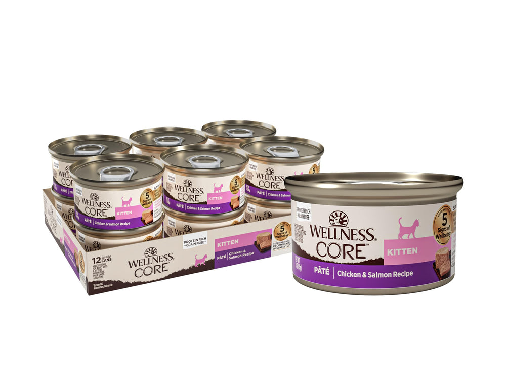 Wellness Core kitten pate can in 12-pack, protein-rich feeding option.