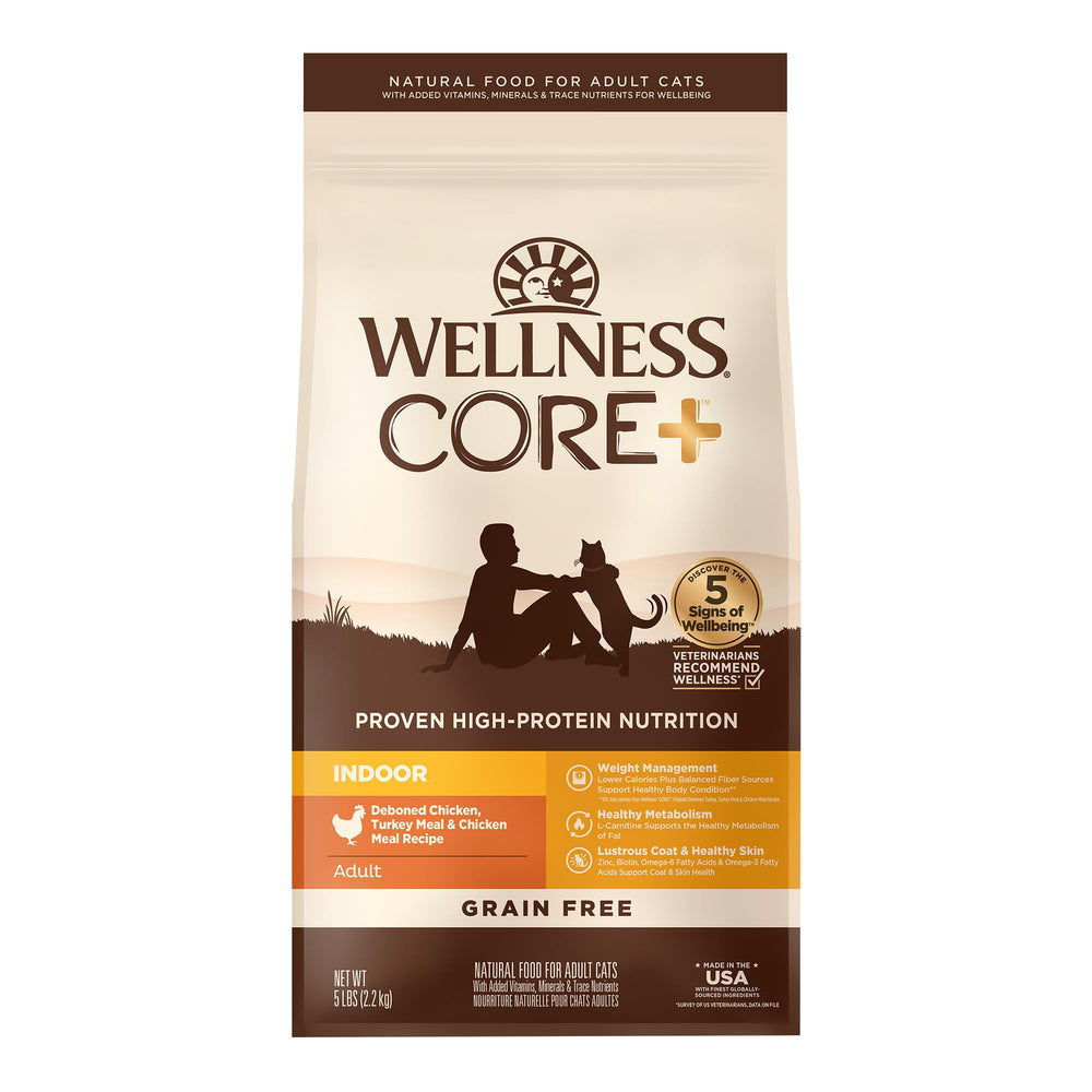 Wellness CORE+ dry cat food bag shows grain-free nutrition for indoor cats.