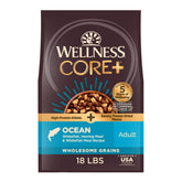 Wellness CORE+ adult dog food bag shows a chicken-free formula for lean protein.